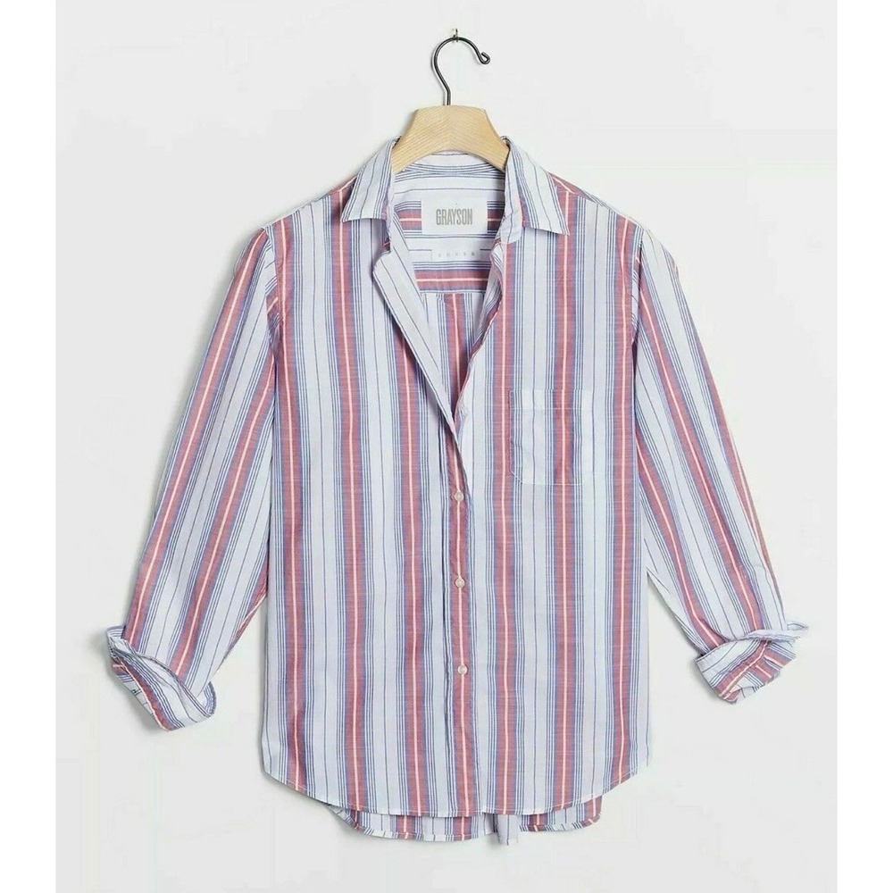 GRAYSON Women's The Hero Button-Down Shirt Jasmine Stripe Red,White, Blue Sz 3/M